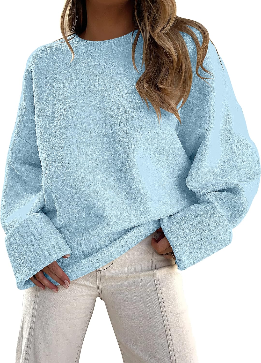 ANRABESS Womens Crewneck Long Sleeve Oversized Fuzzy Knit Chunky Warm Pullover Sweater Top