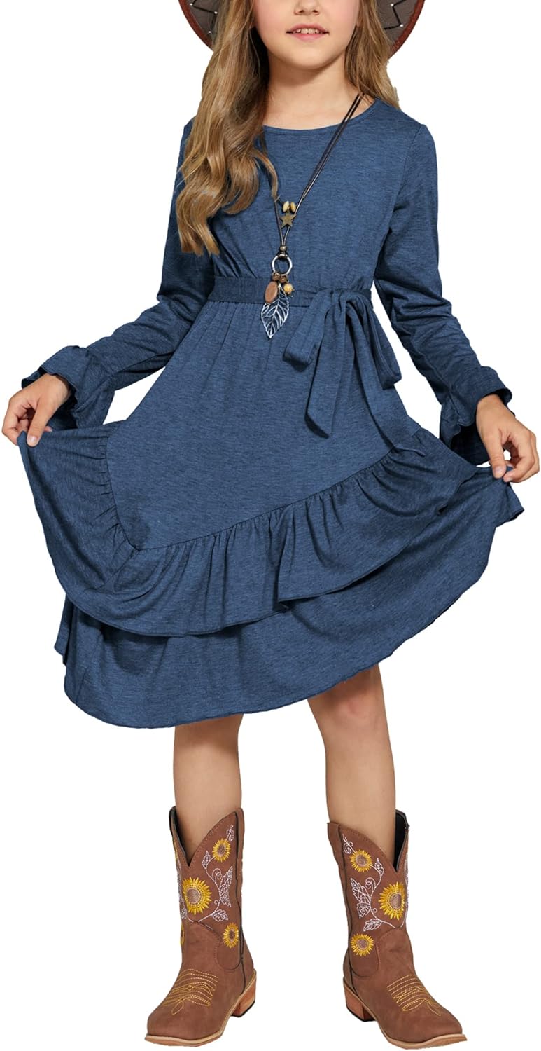 Arshiner Girls Dresses Long Sleeve Loose Plain Casual Ruffle Swing Long Midi Dress with Belt for 5-14 Years