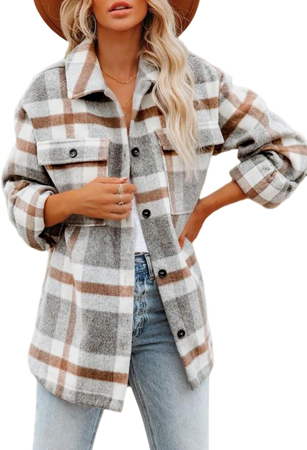 Beaully Womens Flannel Plaid Shacket Long Sleeve Button Down Shirts Jacket Coats with Side Pockets