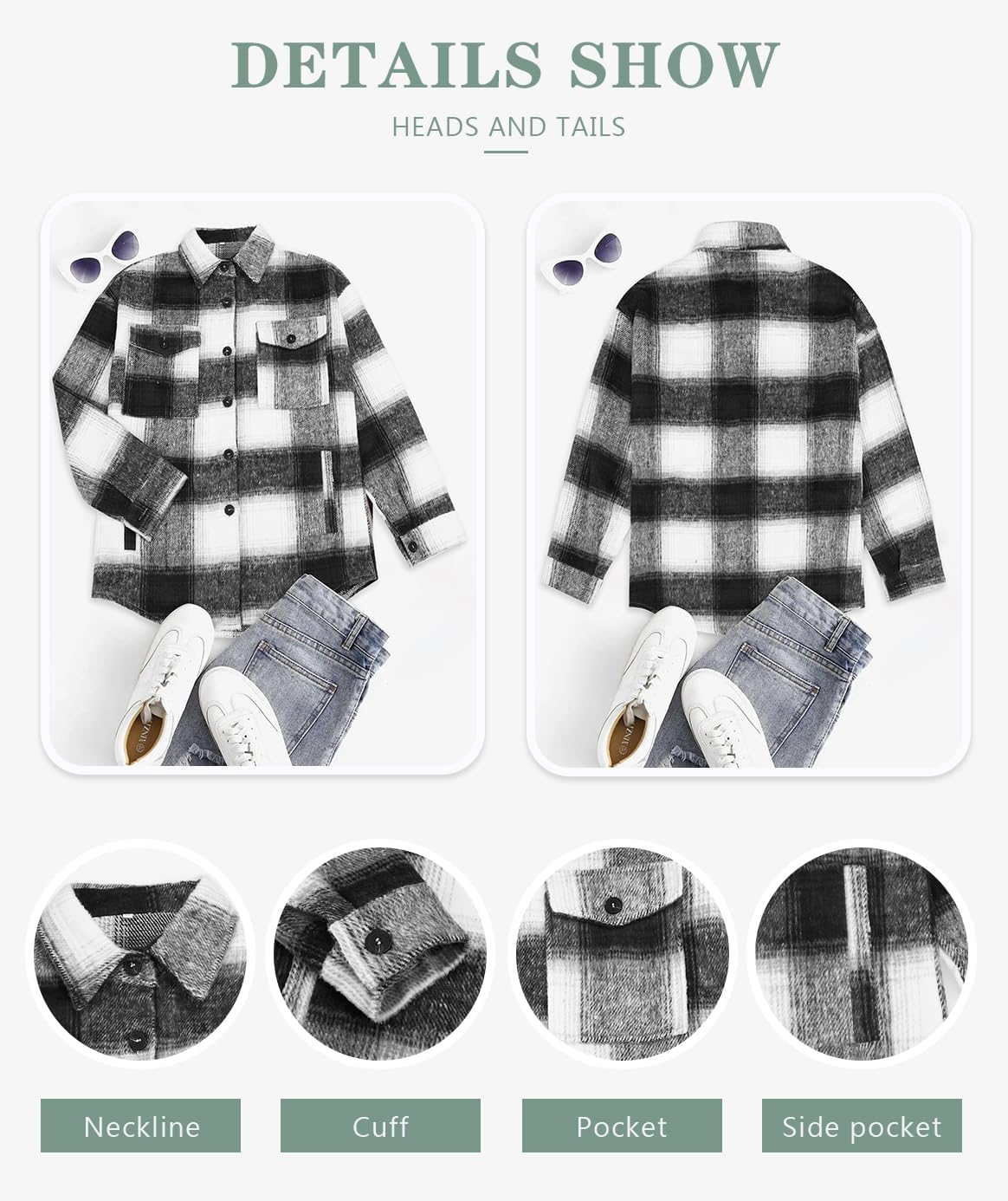 Beaully Womens Flannel Plaid Shacket Long Sleeve Button Down Shirts Jacket Coats with Side Pockets