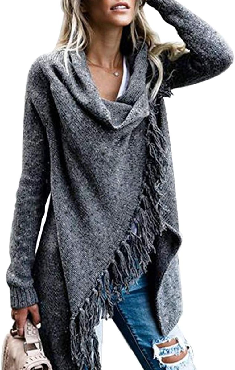 CEASIKERY Womens Tassel Hem Sweater Long Cardigan Knitwer Pullover Poncho Coat