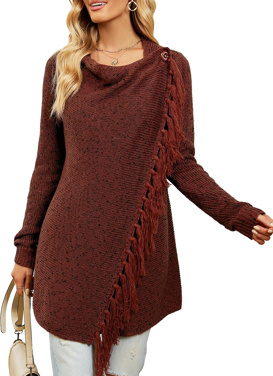 CEASIKERY Womens Tassel Hem Sweater Long Cardigan Knitwer Pullover Poncho Coat