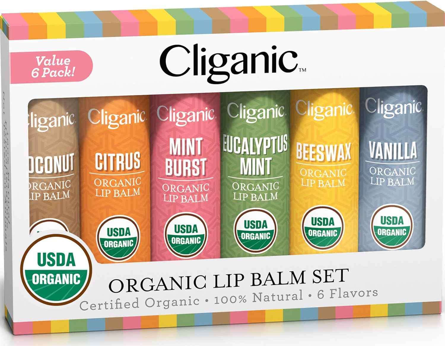 Cliganic USDA Organic Lip Balm Set - 6 Flavors - 100% Natural Moisturizer for Cracked  Dry Lips