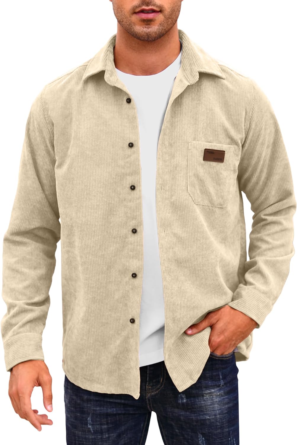 Comdecevis Mens Corduroy Shirt Long Sleeve Ribbed Tops Button Down Work Shirt Jacket with Chest Pocket