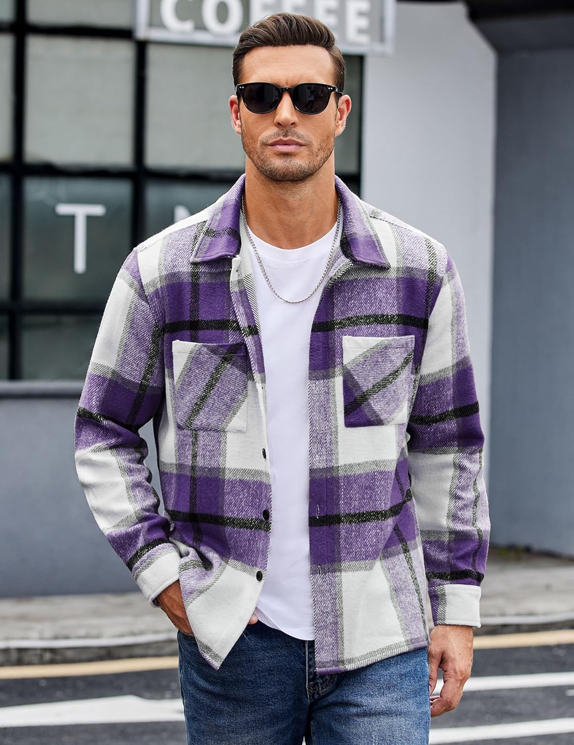 COOFANDY Mens Flannel Shirts Casual Button Down Plaid Shirt Jacket Long Sleeve Fleece Shacket with Pockets