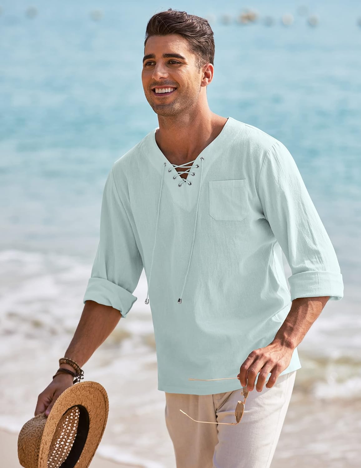 COOFANDY Mens Linen Beach Tee Shirts Cotton Hippie Shirts V Neck Long Sleeve Tunic Big and Tall Yoga Shirt