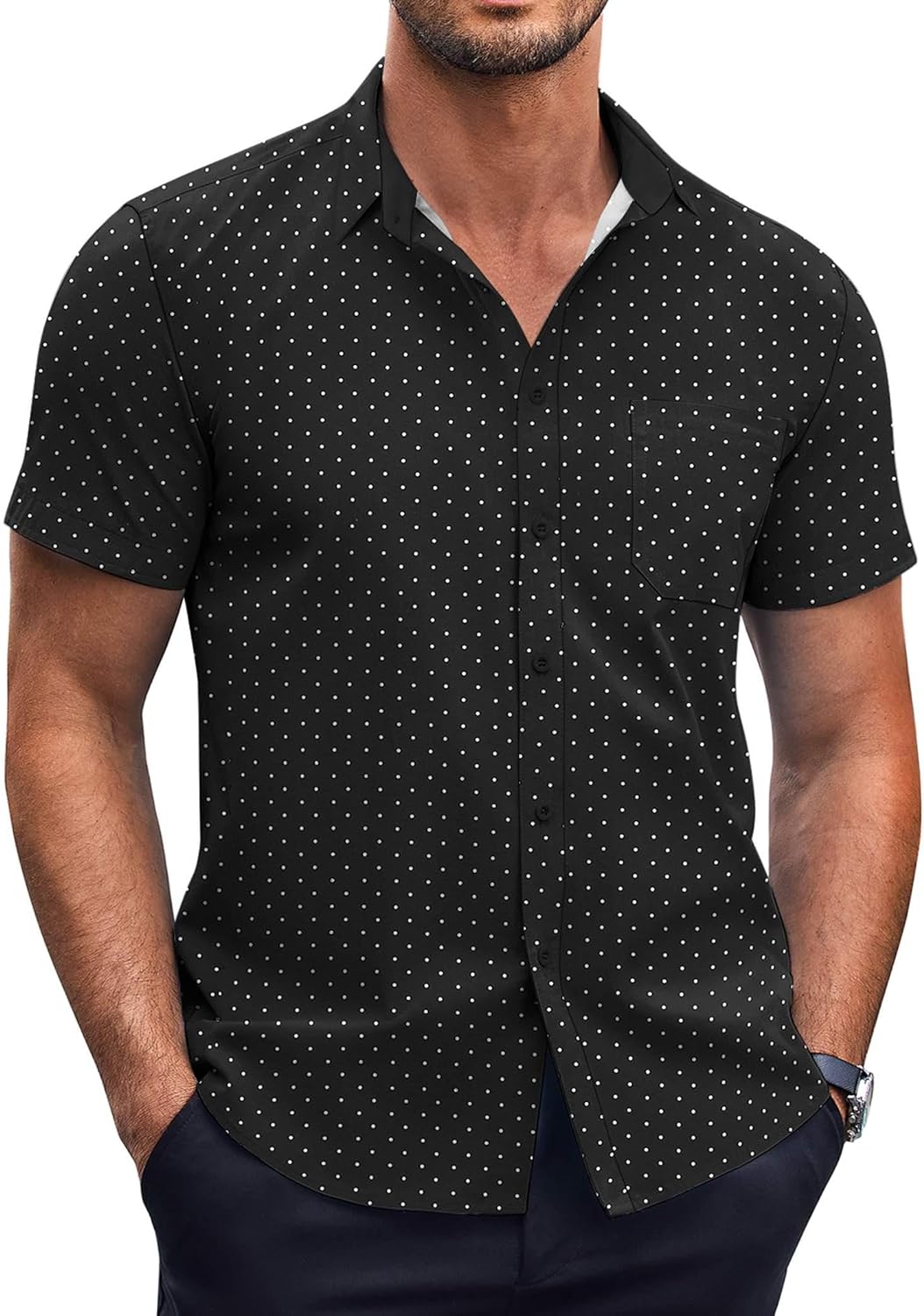 COOFANDY Mens Short Sleeve Dress Shirts Wrinkle Free Polka Dot Print Shirt Casual Button Down Shirts with Pocket