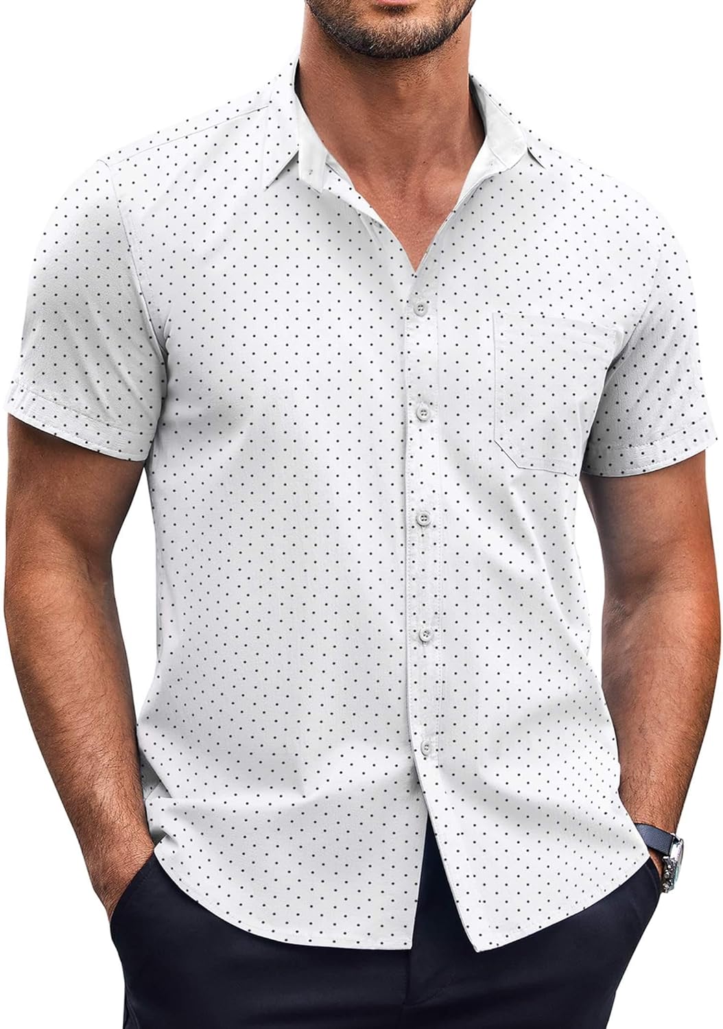 COOFANDY Mens Short Sleeve Dress Shirts Wrinkle Free Polka Dot Print Shirt Casual Button Down Shirts with Pocket