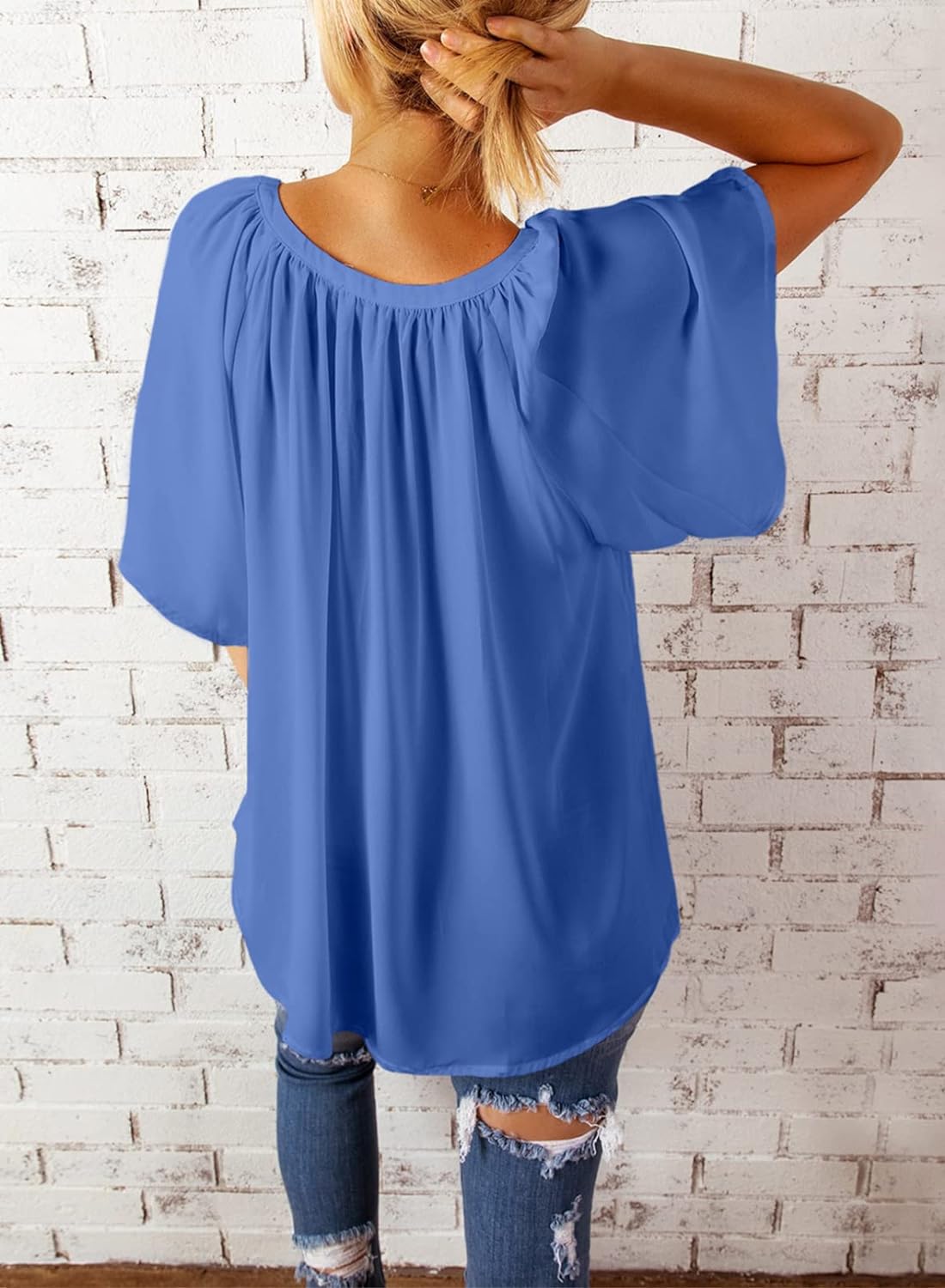 Dokotoo Womens Chiffon Blouses Casual Solid Bell Sleeve Shirt Loose V Neck Pleated Tunic Tops