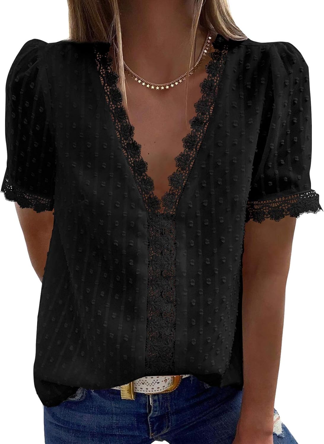 Dokotoo Womens V Neck Lace Crochet Tunic Tops Flowy Casual Blouses Shirts