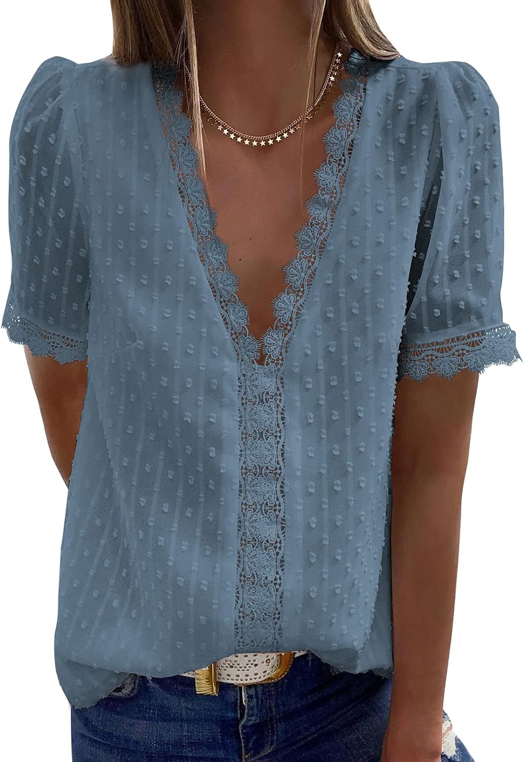 Dokotoo Womens V Neck Lace Crochet Tunic Tops Flowy Casual Blouses Shirts