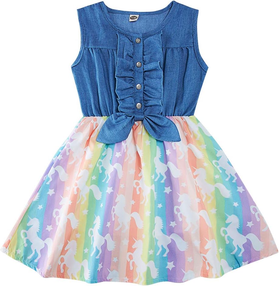 Enlifety Little Girls Princess Dresses Sleeveless Denim Tops Sundress Floral Print Tutu Skirts One-Piece Outfit