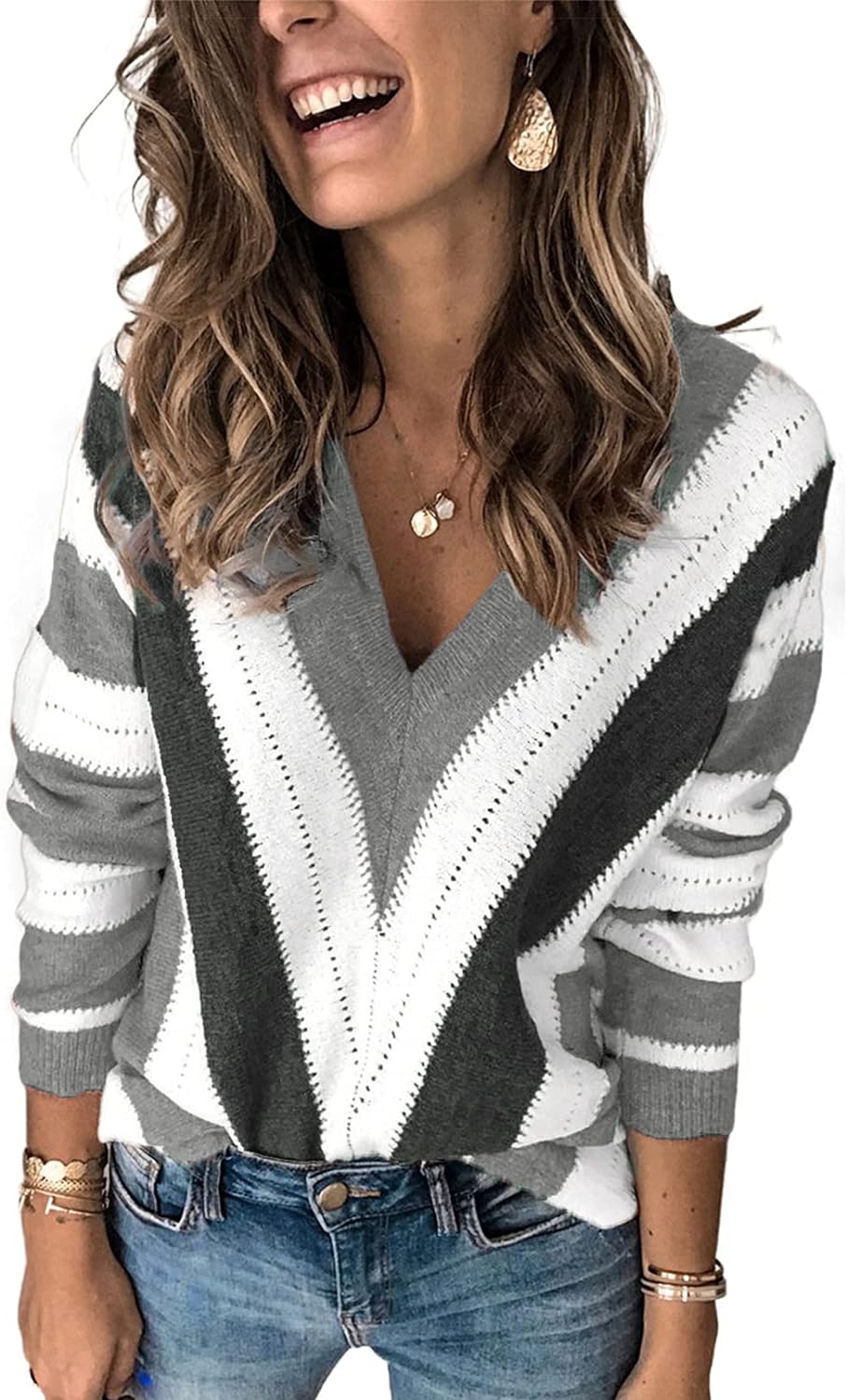 EVALESS Sweaters for Women Sleeve Sexy Deep V Neck Casual Knit Striped Pullover Sweater