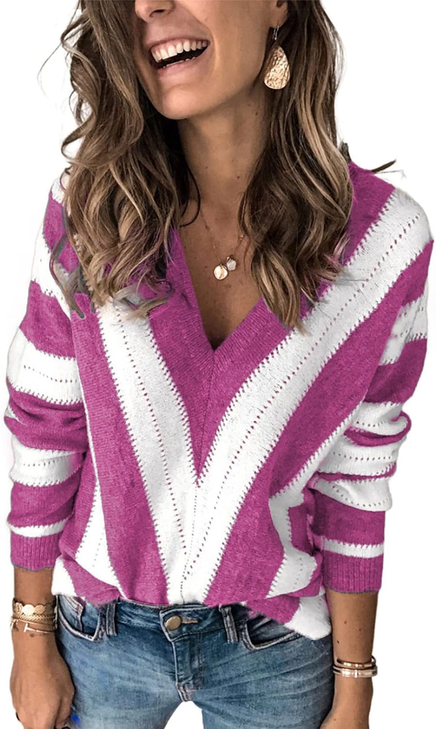 EVALESS Sweaters for Women Sleeve Sexy Deep V Neck Casual Knit Striped Pullover Sweater