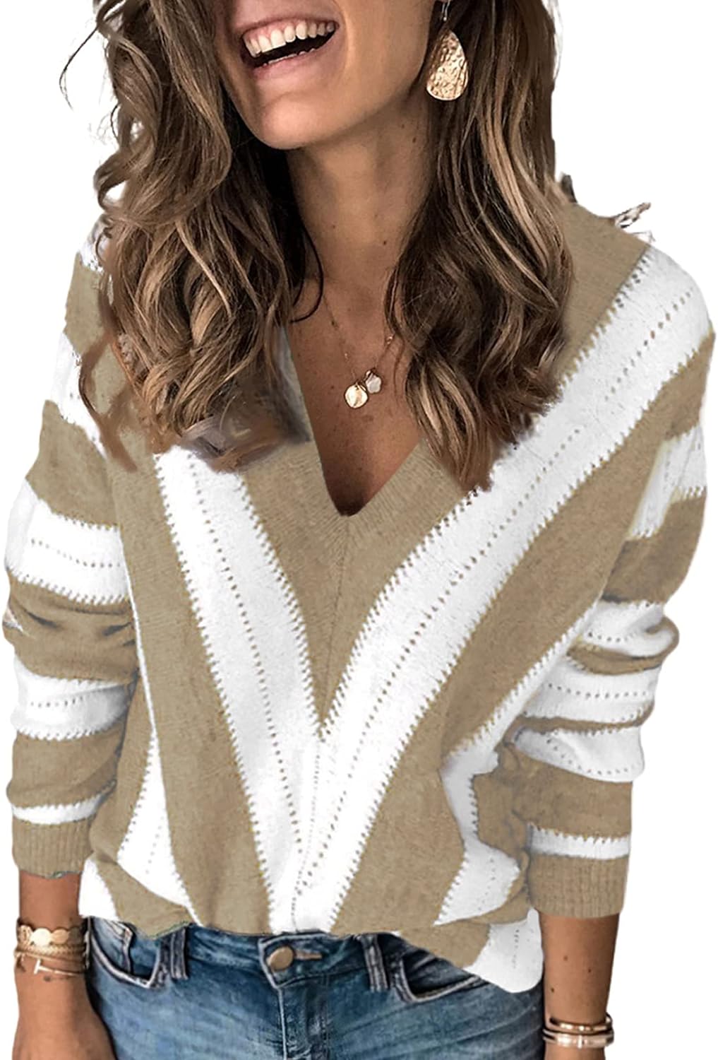 EVALESS Sweaters for Women Sleeve Sexy Deep V Neck Casual Knit Striped Pullover Sweater