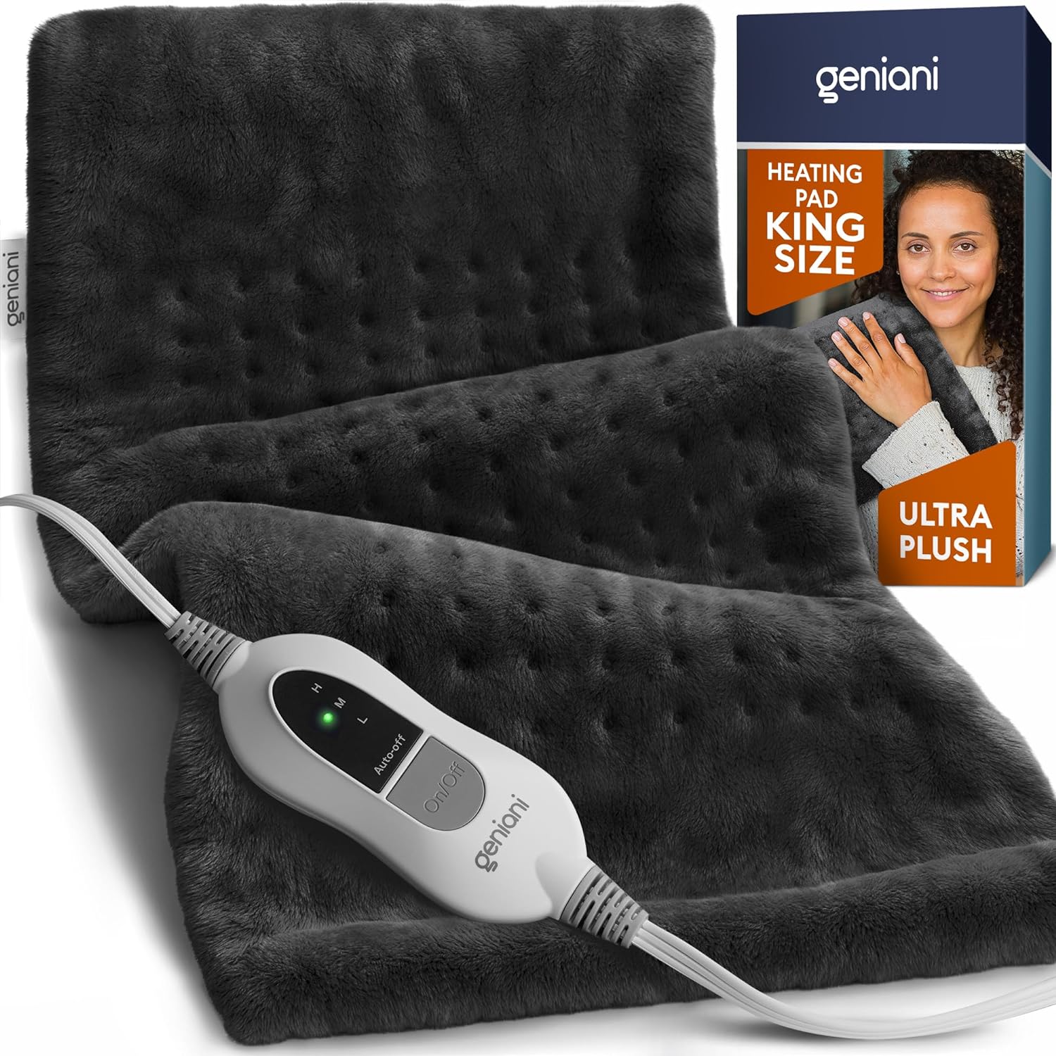 GENIANI Extra Large Electric Heating Pad for Back Pain and Cramps Relief - Auto Shut Off - Soft Heat Pad for Moist  Dry Therapy - Heat Patch (XL Black)