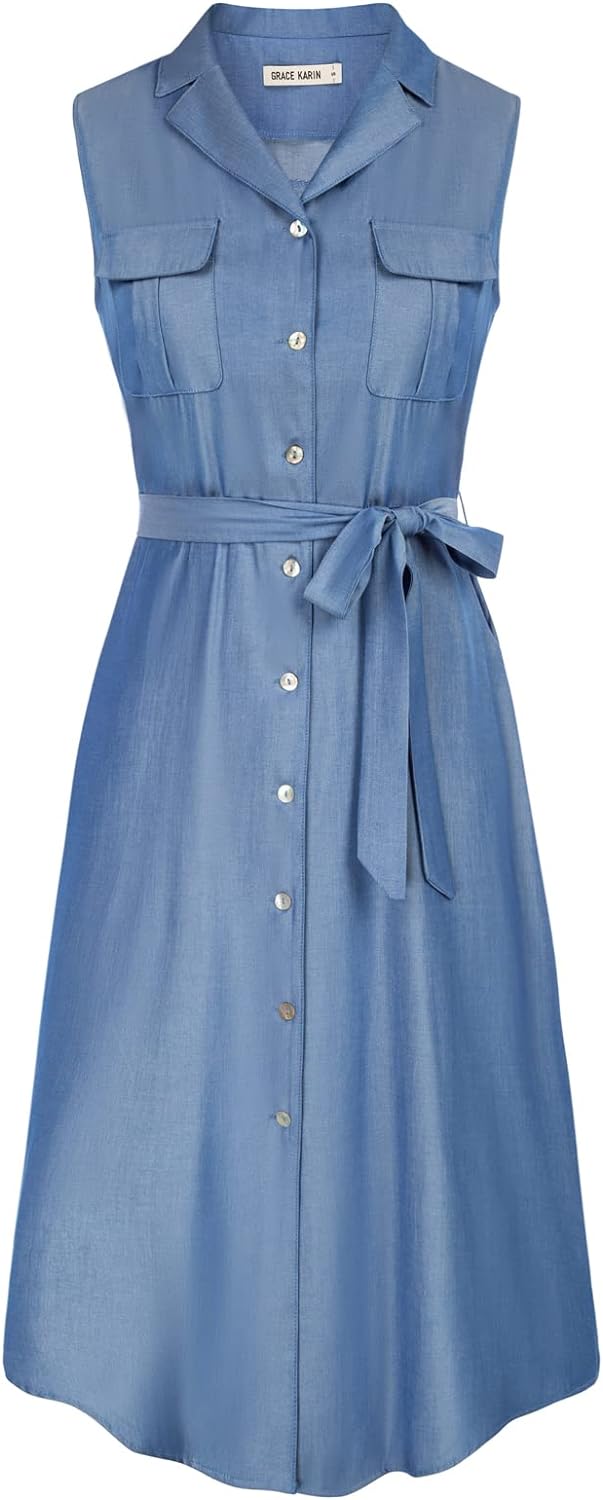 GRACE KARIN Womens Denim Dress Sleeveless Casual Jean Shirt Dresses Button Down A line Chambray Dress with Belt