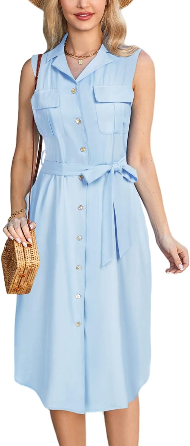 GRACE KARIN Womens Denim Dress Sleeveless Casual Jean Shirt Dresses Button Down A line Chambray Dress with Belt