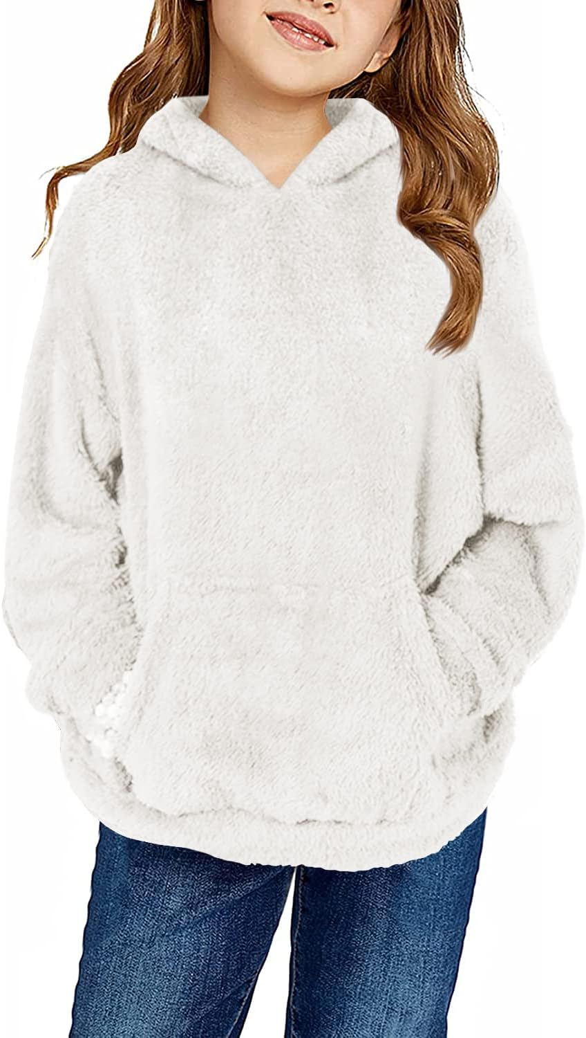 Haloumoning Girls Fuzzy Fleece Pullover Hoodies Sweatshirt Casual Loose Outwear Coat with Pockets 4-15 Years