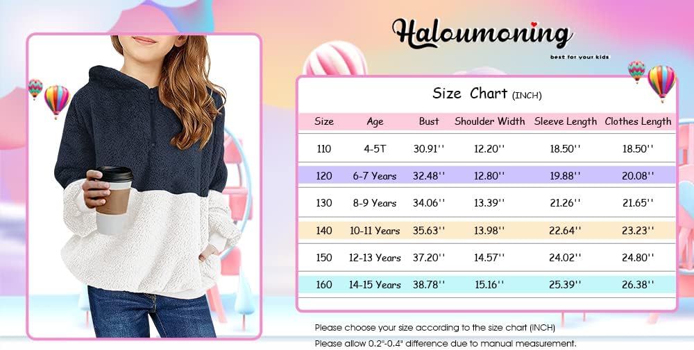 Haloumoning Girls Fuzzy Fleece Pullover Hoodies Sweatshirt Casual Loose Outwear Coat with Pockets 4-15 Years