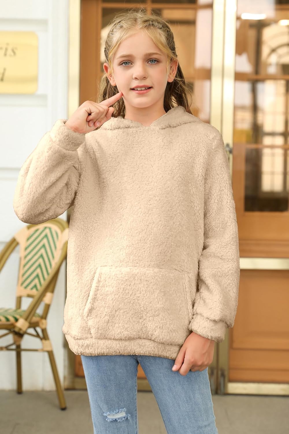 Haloumoning Girls Fuzzy Fleece Pullover Hoodies Sweatshirt Casual Loose Outwear Coat with Pockets 4-15 Years