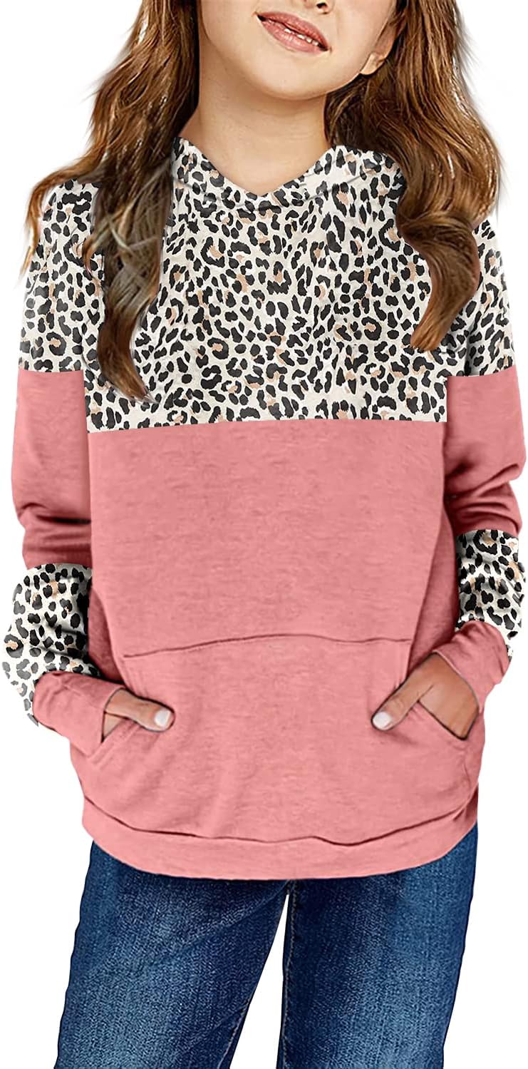 Haloumoning Kids Girls Fleece Pullover Hoodies Cute Leopard Printed Hooded Sweatshirts with Pockets 4-15 Years