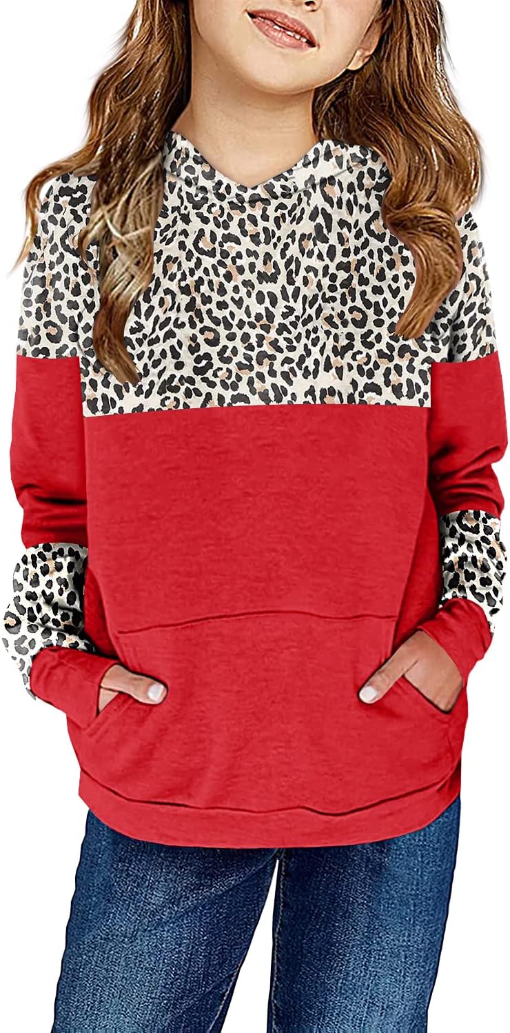 Haloumoning Kids Girls Fleece Pullover Hoodies Cute Leopard Printed Hooded Sweatshirts with Pockets 4-15 Years