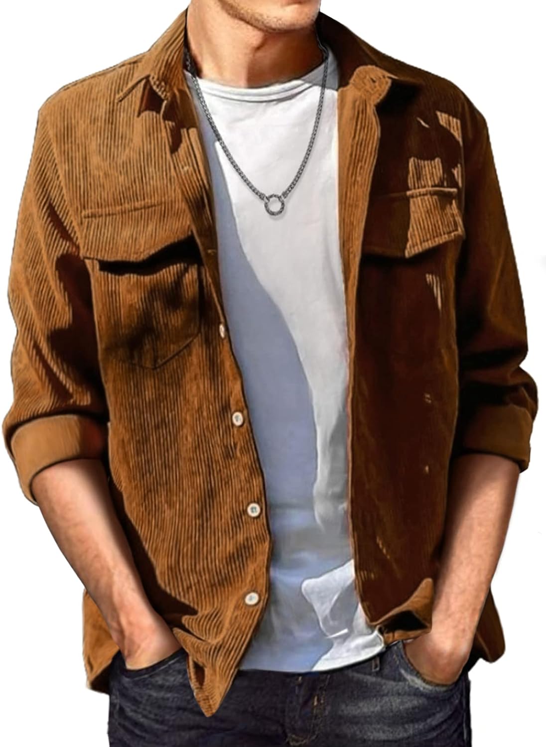 JMIERR Mens Corduroy Button Down Shirts Casual Long Sleeve Shacket Jacket with Flap Pockets