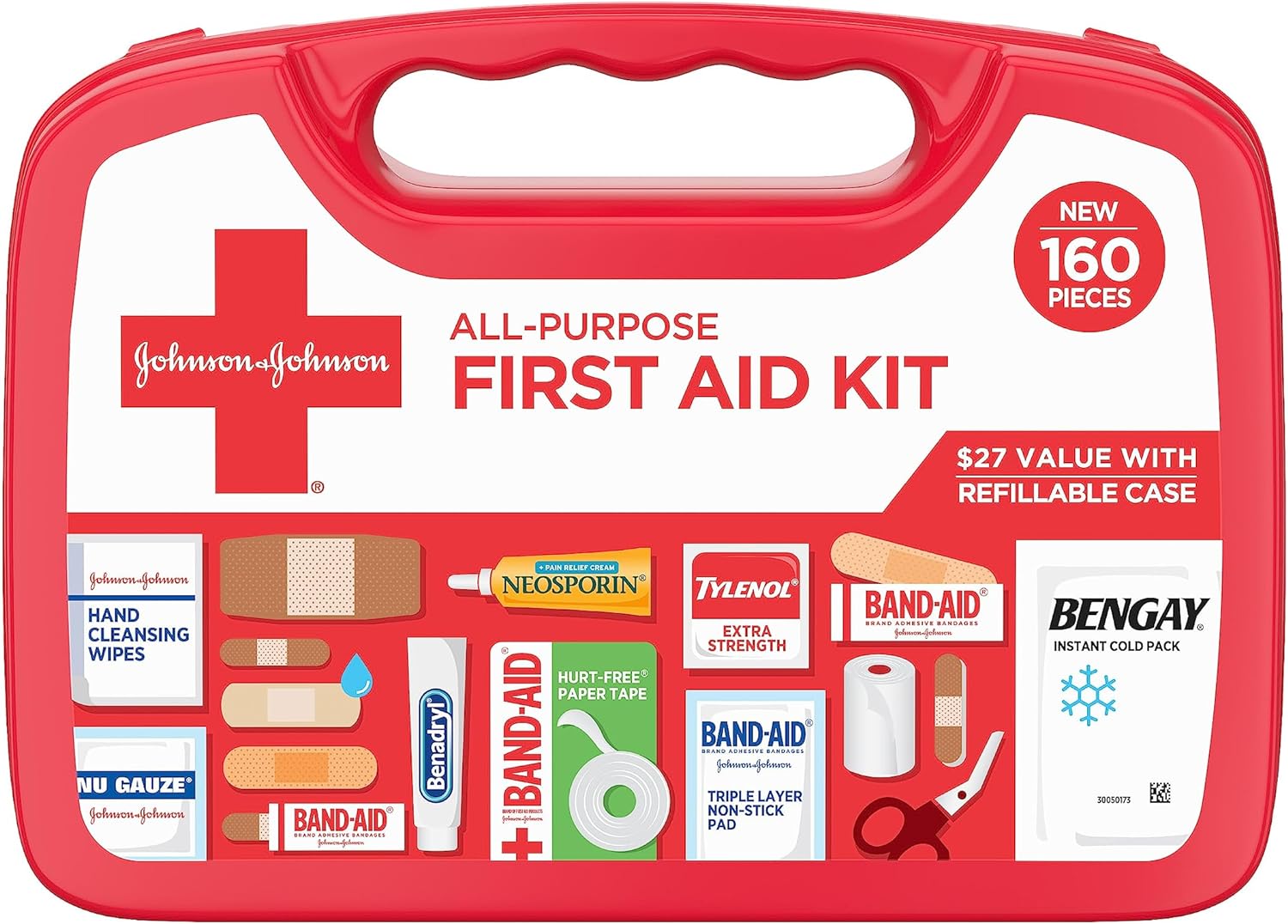 Johnson  Johnson All-Purpose Portable Compact First Aid Kit for Minor Cuts, Scrapes, Sprains  Burns, Ideal for Home, Car, Travel, Camping and Outdoor Emergencies, 160 pieces