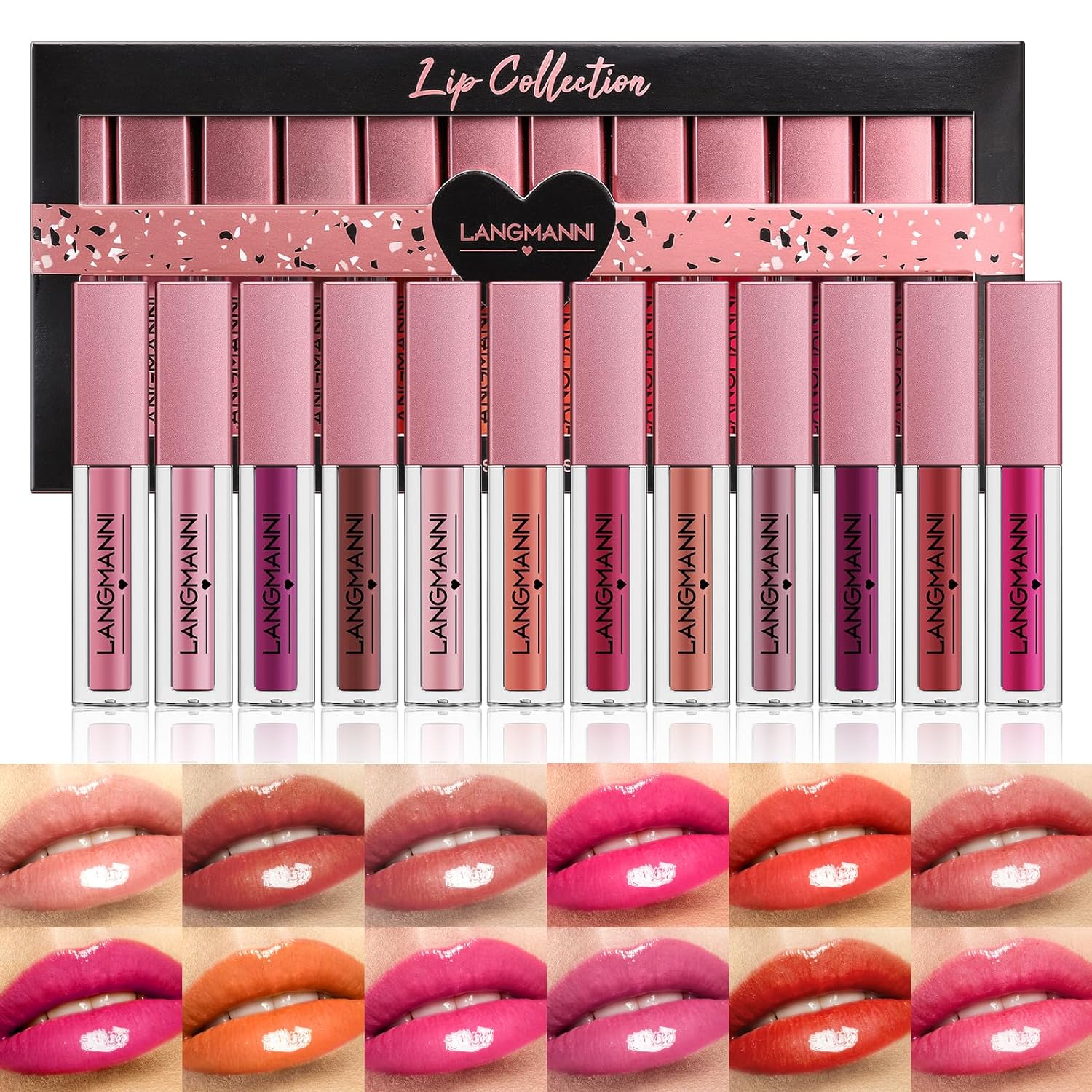 LANGMANNI 12Pcs Lip gloss Collection Makeup Set, Shiny Smooth Soft Liquid Lip Glosses Lip Stain With Rich Varied Colors For Girls And Women Makeup