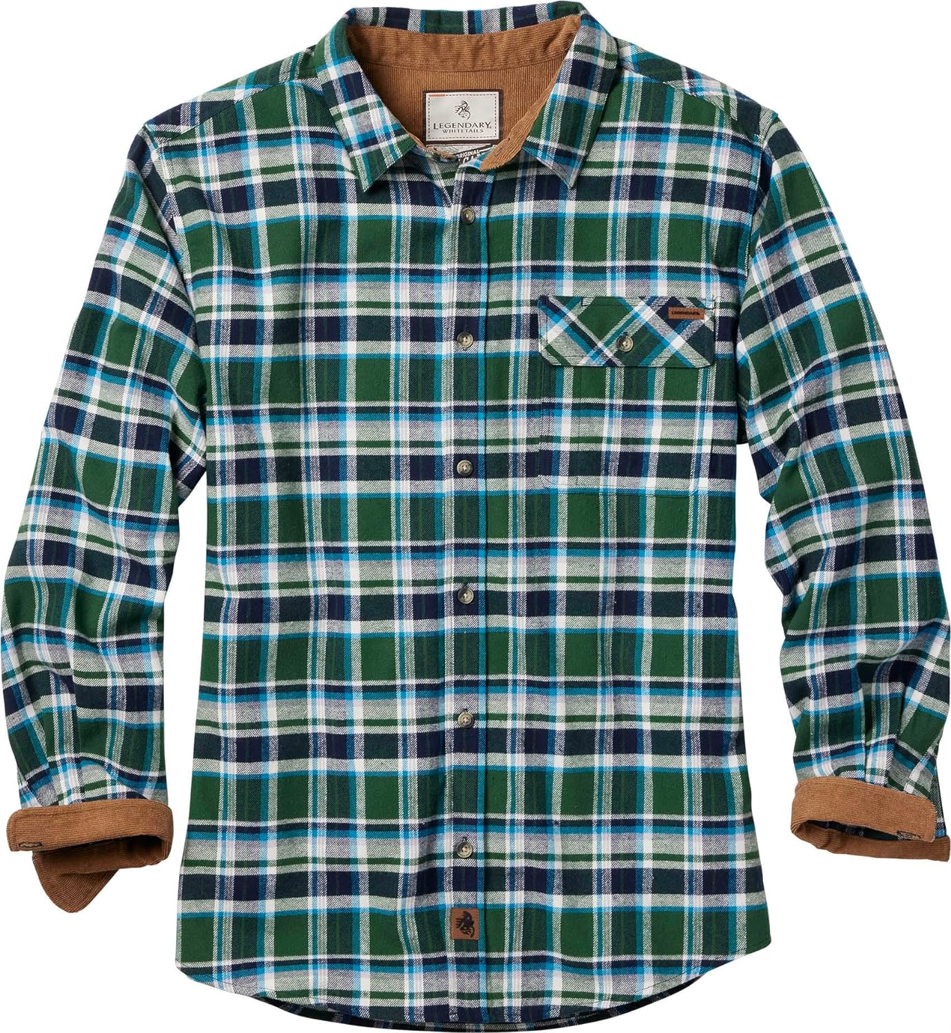 Legendary Whitetails Mens Buck Camp Flannel, Long Sleeve Plaid Button Down Casual Shirt, Corduroy Cuffs