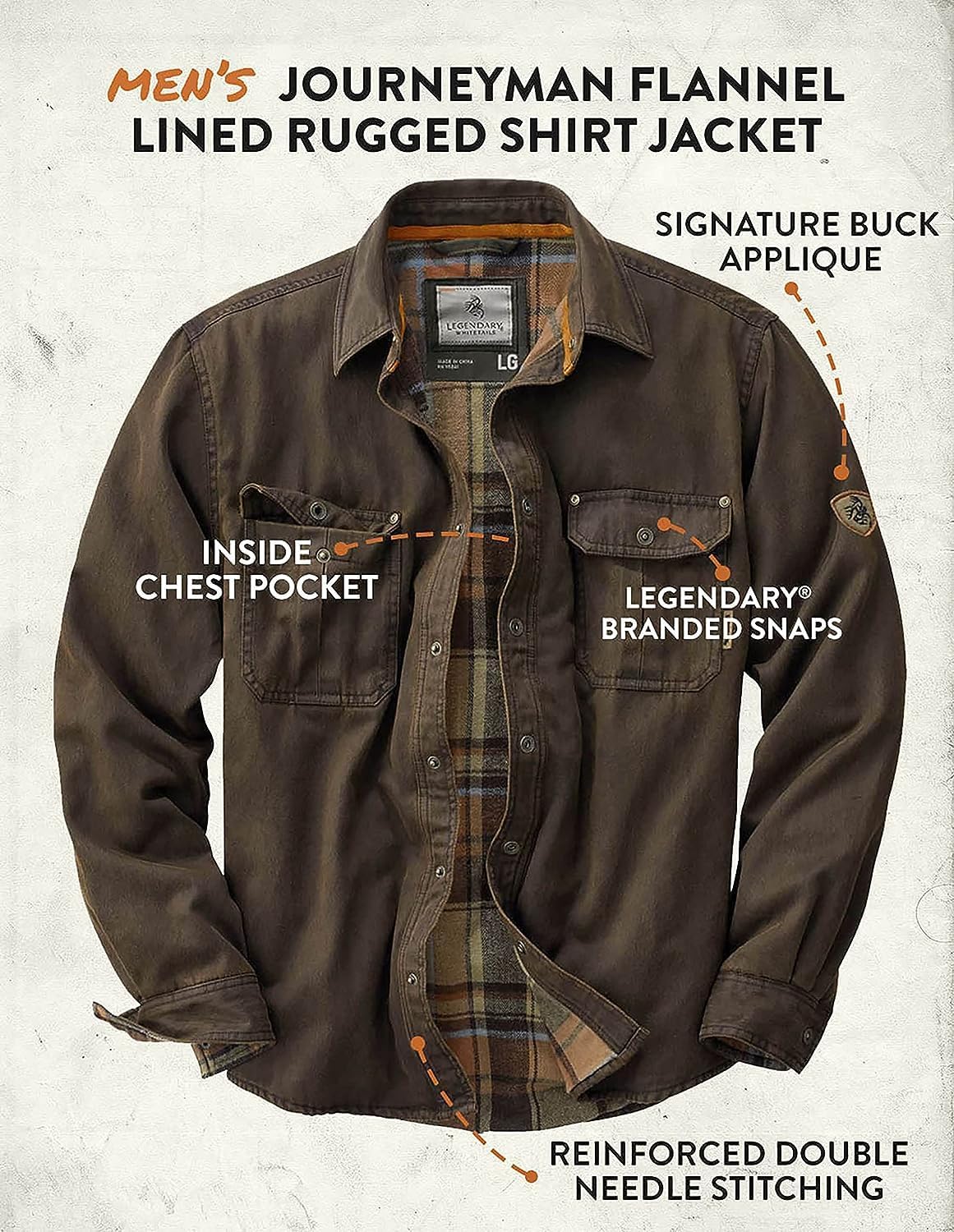 Legendary Whitetails Mens Journeyman Shirt Jacket, Flannel Lined Shacket for Men, Water-Resistant Coat Rugged Fall Clothing