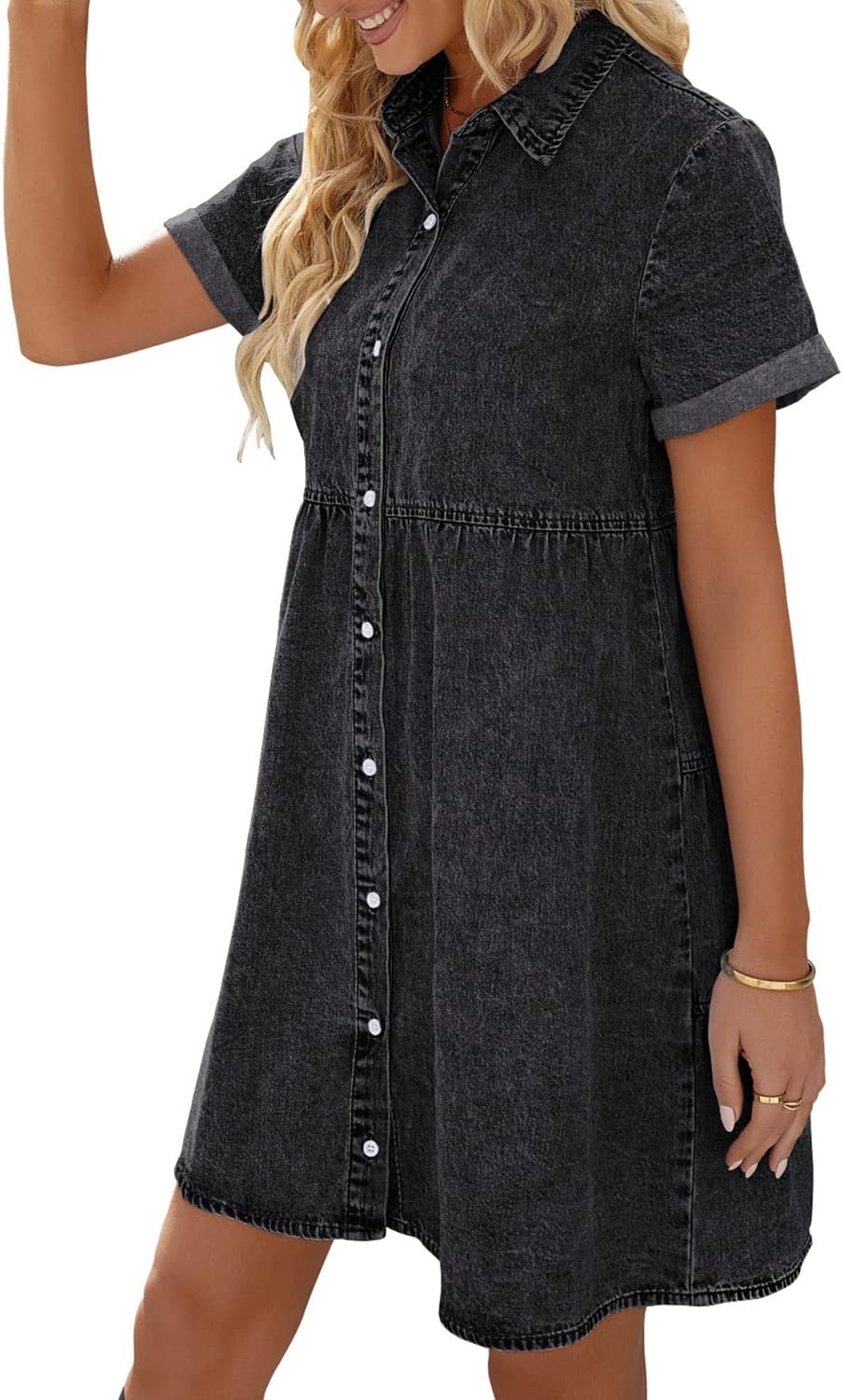 LookbookStore Womens Short Sleeve Button Down Flowy Tiered Babydoll Denim Dress