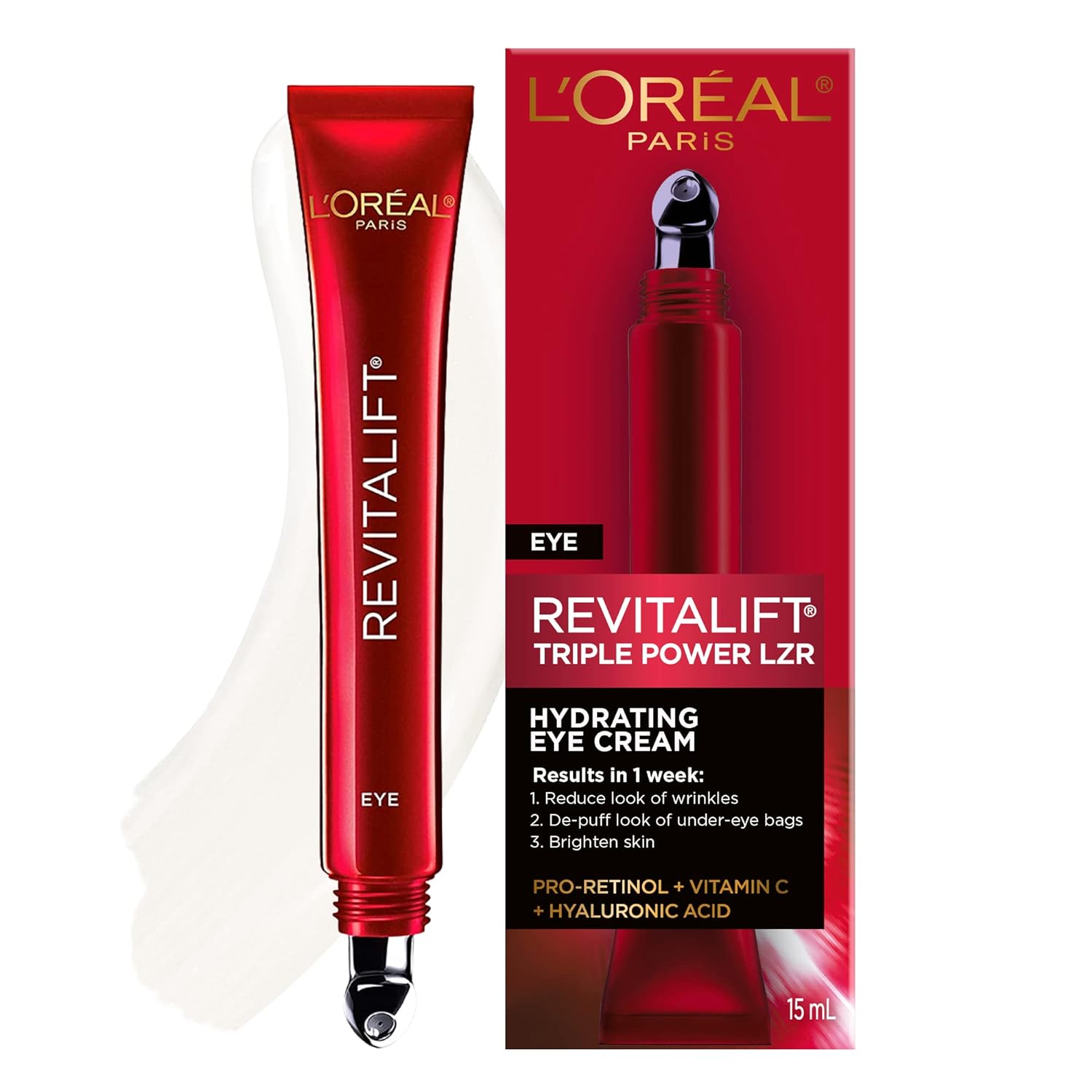 LOreal Paris Revitalift Triple Power Anti-Aging Eye Cream Treatment, with Pro Retinol, Hyaluronic Acid  Vitamin C to Reduce Wrinkles, De-puff and Brighten Skin, 0.5 fl. oz.