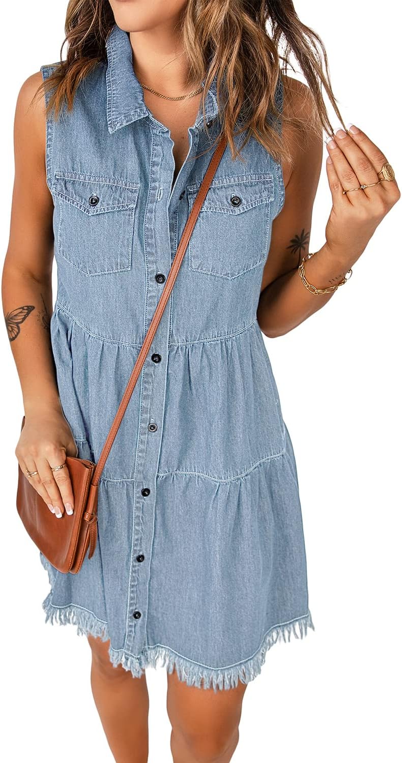 luvamia Womens Casual Summer Lapel Sleeveless Button Down Short Denim Jean Dress