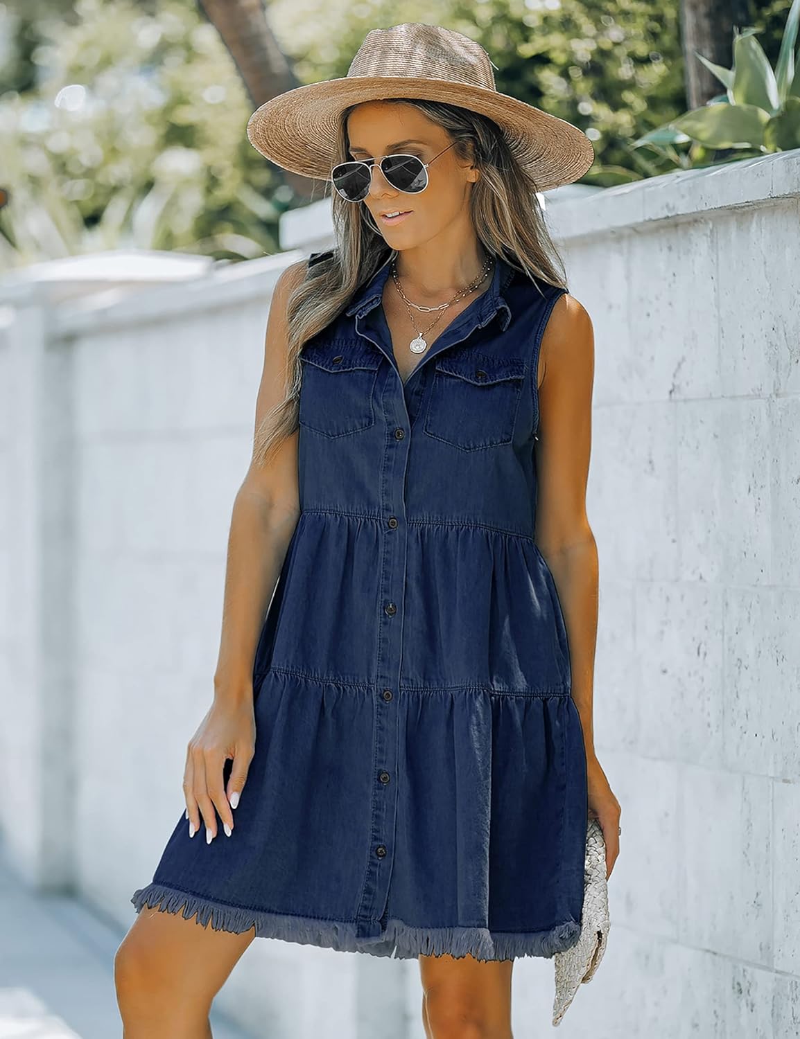 luvamia Womens Casual Summer Lapel Sleeveless Button Down Short Denim Jean Dress