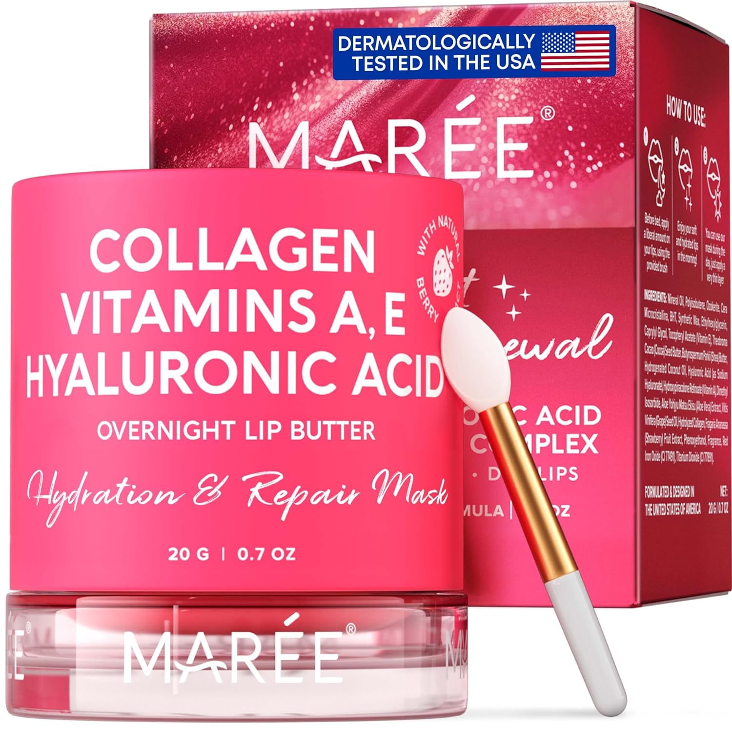 MAREE Lip Mask - Overnight Collagen Lip Scrub with Hyaluronic Acid  Coconut Oil to Nourish  Hydrate Dry Cracked Lips - Moisturizer for Care  Treatment with Shea  Cocoa Butters - Sleeping Lip Balm