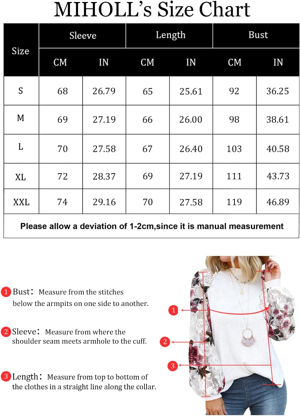 MIHOLL Women’s Long Sleeve Tops Lace Casual Loose Blouses T Shirts