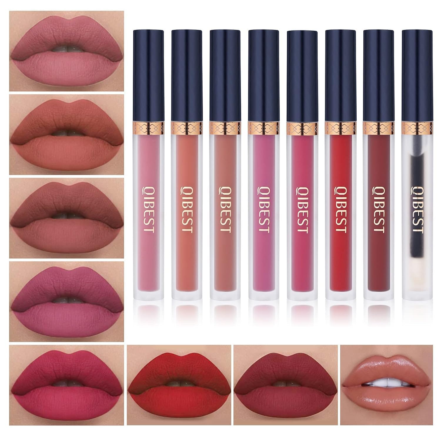 QiBest 7Pcs Matte Liquid Lipstick + 1Pcs Lip Plumper Makeup Set Kit, Pigmented Long Lasting Lip Gloss Set, Velvet Waterproof Lip Makeup Valentines Day Gift Sets for Girls and Women