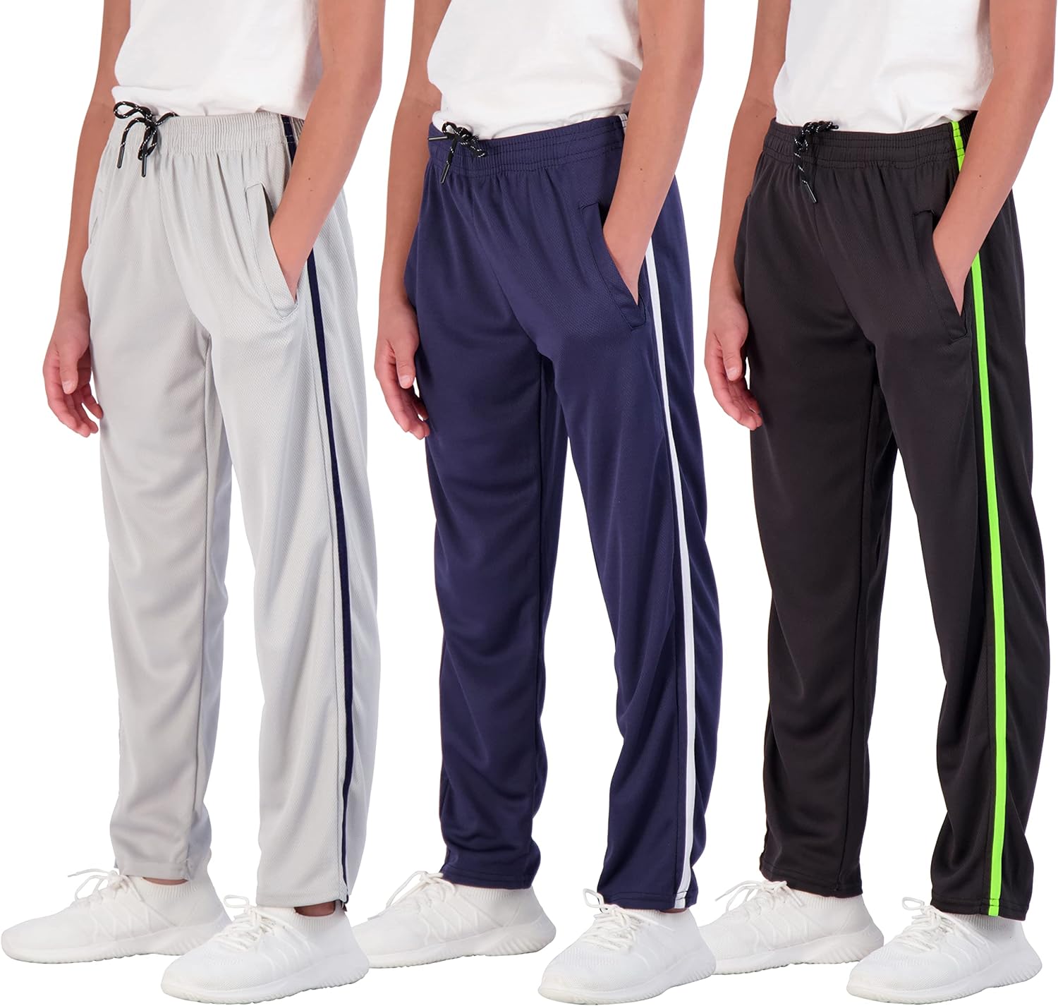 Real Essentials 3 Pack: Boys Mesh Open Bottom Active Sweatpants with Pockets  Drawstring