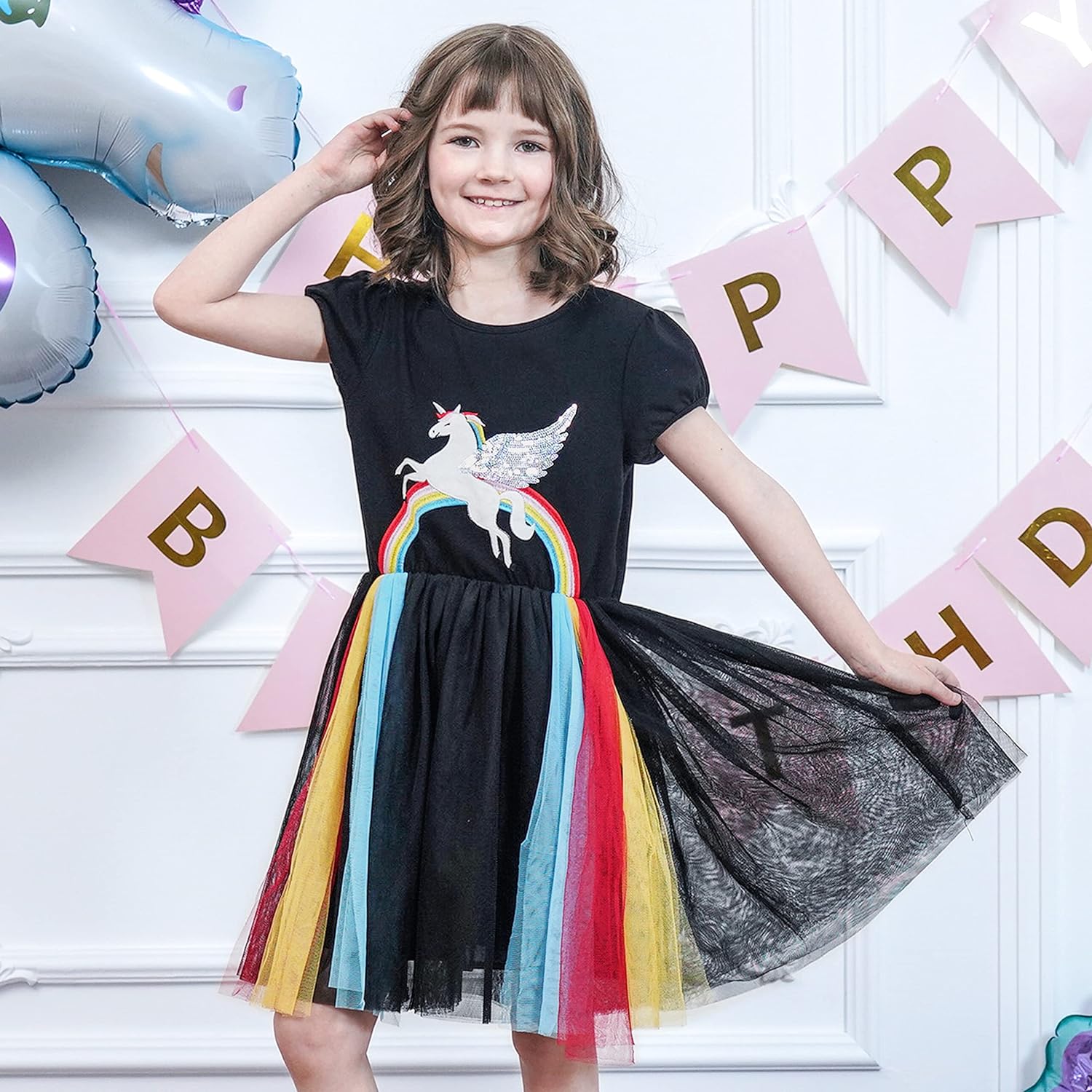 Sunny Fashion Girls Dress Purple Short Sleeve Rainbow Tulle Skirt Birthday Party