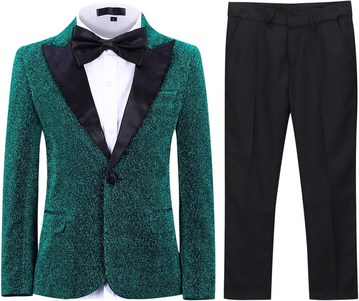 SWOTGdoby Boys Fashion Suit Tuxedo Slim Fit 3 Pieces Golden Shiny Green Silver Jacket Pants Bowtie