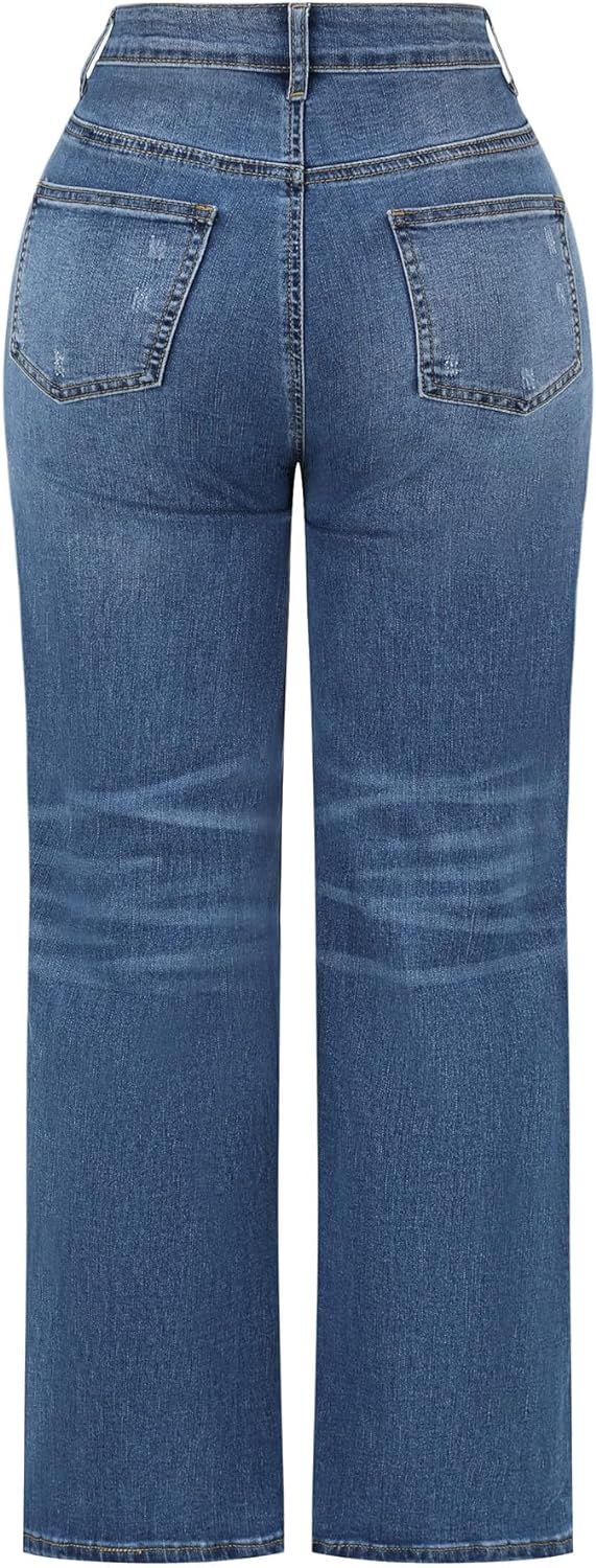 THUNDER STAR Womens High Waisted Wide Leg Jeans Stretchy Distressed Denim Pants