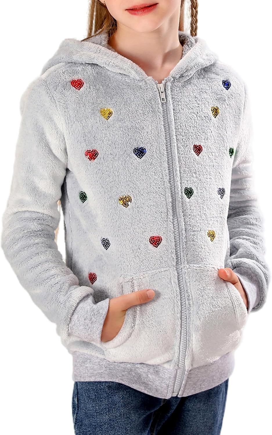 V.GRIN Girls Zip up Hoodie Soft Cute Sweatshirt Fuzzy Fleece Jacket with Pocket 5-16 Years Kids Clothes