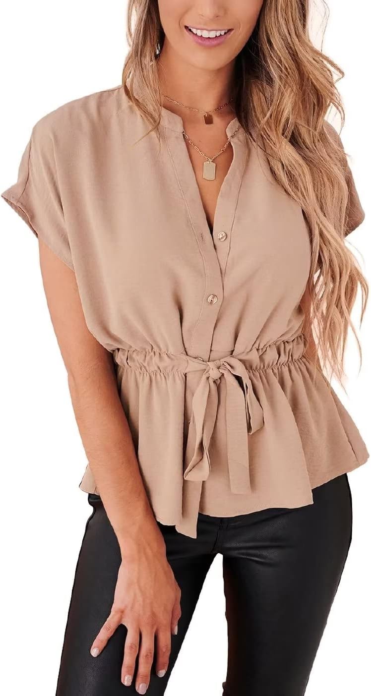 Womens Button Down Blouses Casual Peplum Summer Tops Dressy Chiffon Work Blouse