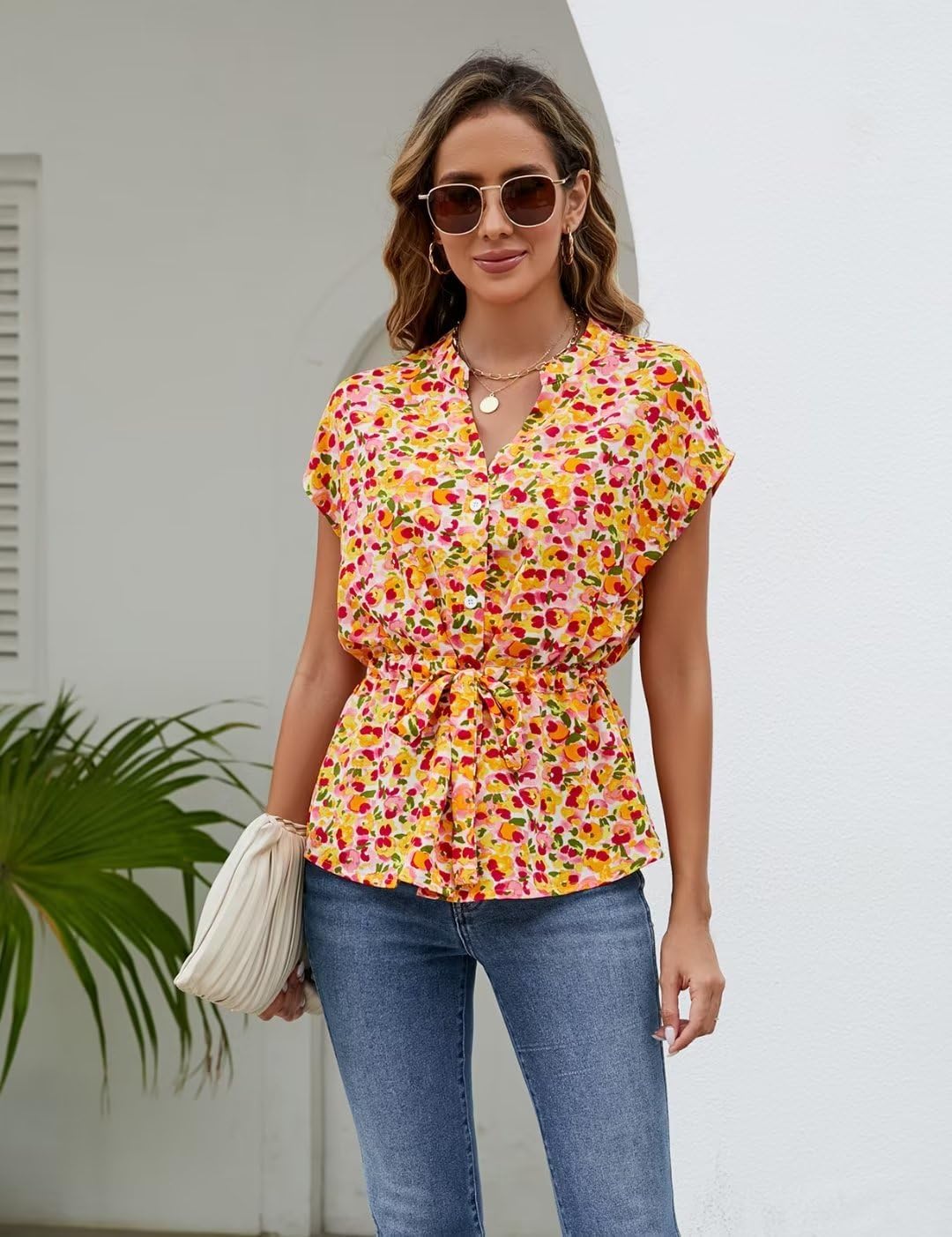 Womens Button Down Blouses Casual Peplum Summer Tops Dressy Chiffon Work Blouse