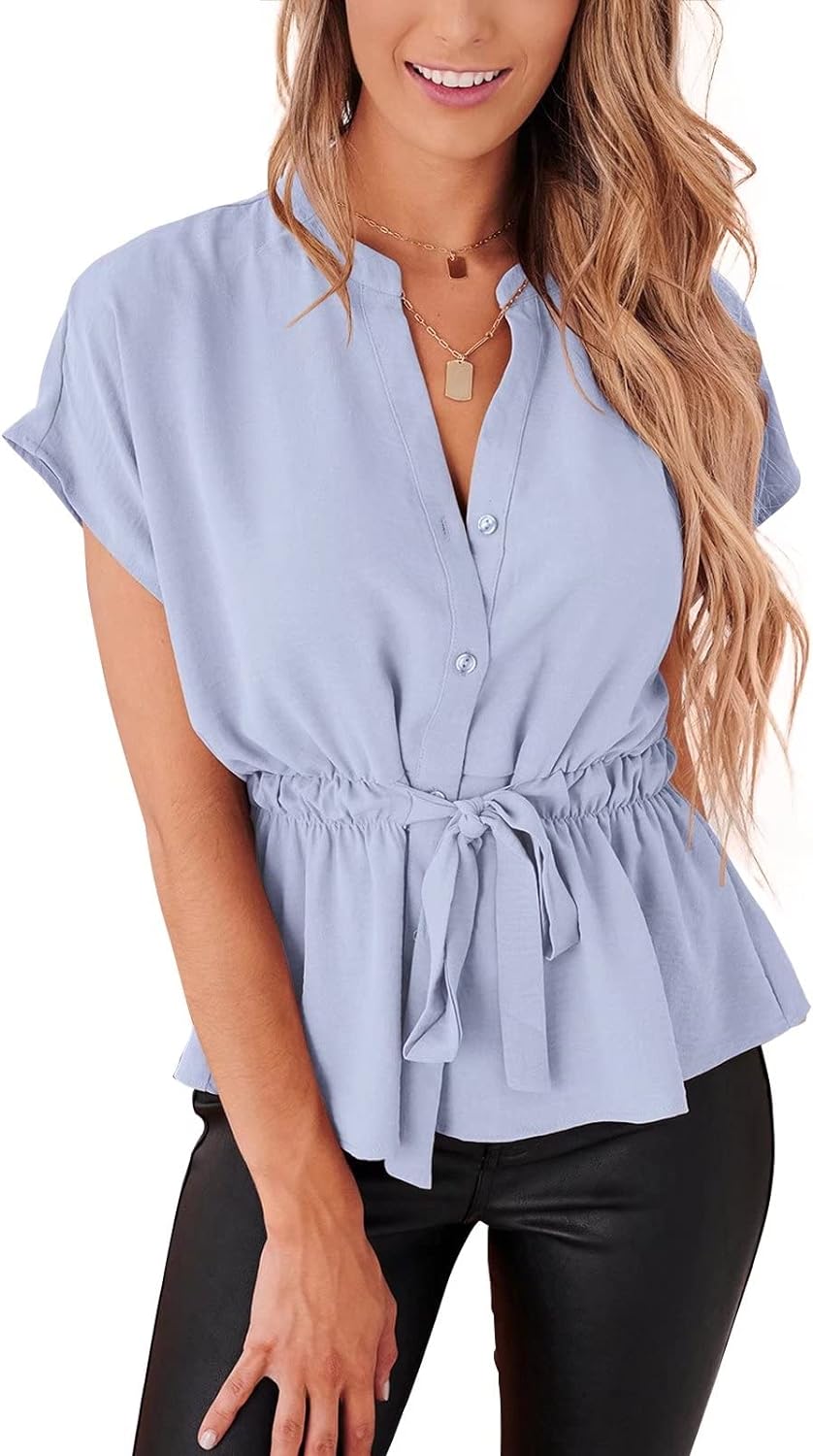 Womens Button Down Blouses Casual Peplum Summer Tops Dressy Chiffon Work Blouse