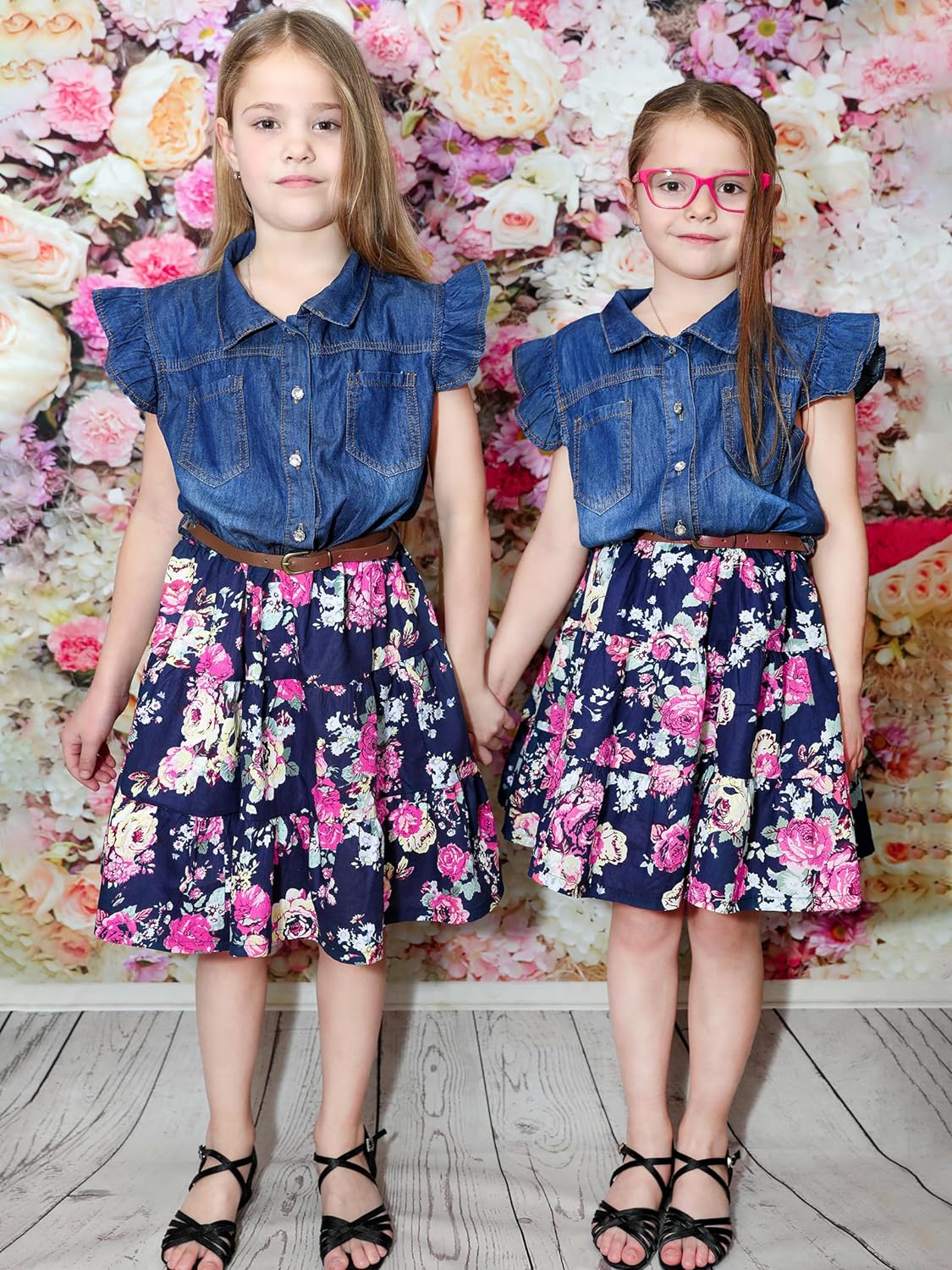 YJ.GWL Flower Girl Dress, Denim Floral Dress, Princess Dresses for Girls, White Girls Spring Summer Dress Casual Outfits, Party Dresses Fashion Clothes for Girls 7-8 Years