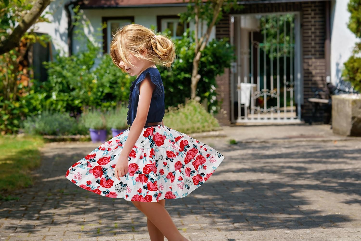 YJ.GWL Flower Girl Dress, Denim Floral Dress, Princess Dresses for Girls, White Girls Spring Summer Dress Casual Outfits, Party Dresses Fashion Clothes for Girls 7-8 Years