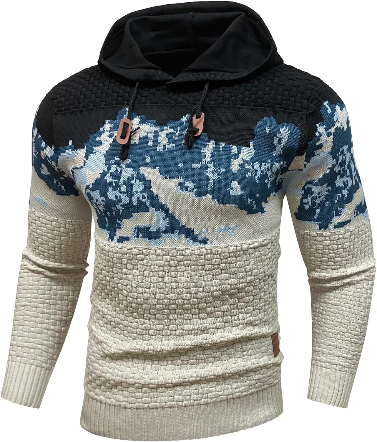 Zaitun Mens Hooded Sweatshirt Long Sleeve Solid Knitted Hoodie Pullover Sweater